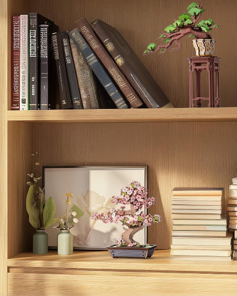 Wooden Bonsais on bookshelf